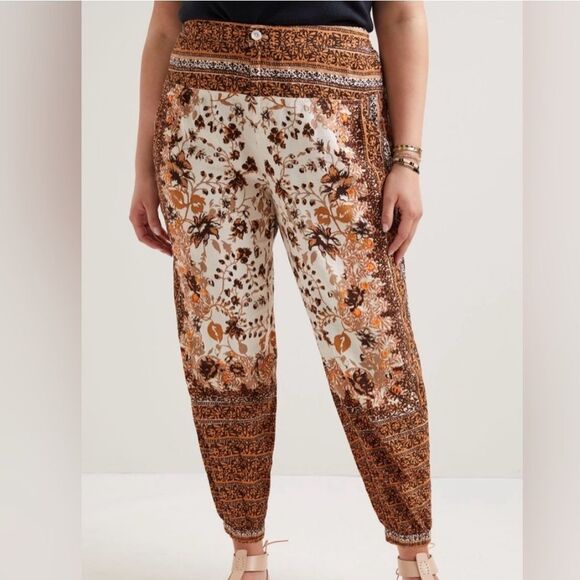 Anthropologie Bohemian Linen Blend Tan and Brown Floral Print Pants Size 26W - Picture 7 of 12